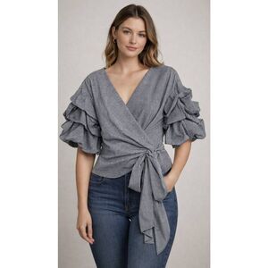 Farrow womens medium puffer sleeve top gingham plaid black white wrap tie